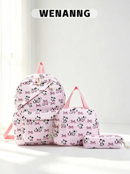 3-Piece Set- Back To School Cute Pet Bow Print Backpack Combination, Includes Backpack, Portable Lunch Bag And Stationery Storage Bag, Built-In Laptop Compartment, Equipped With Adjustable Shoulder S