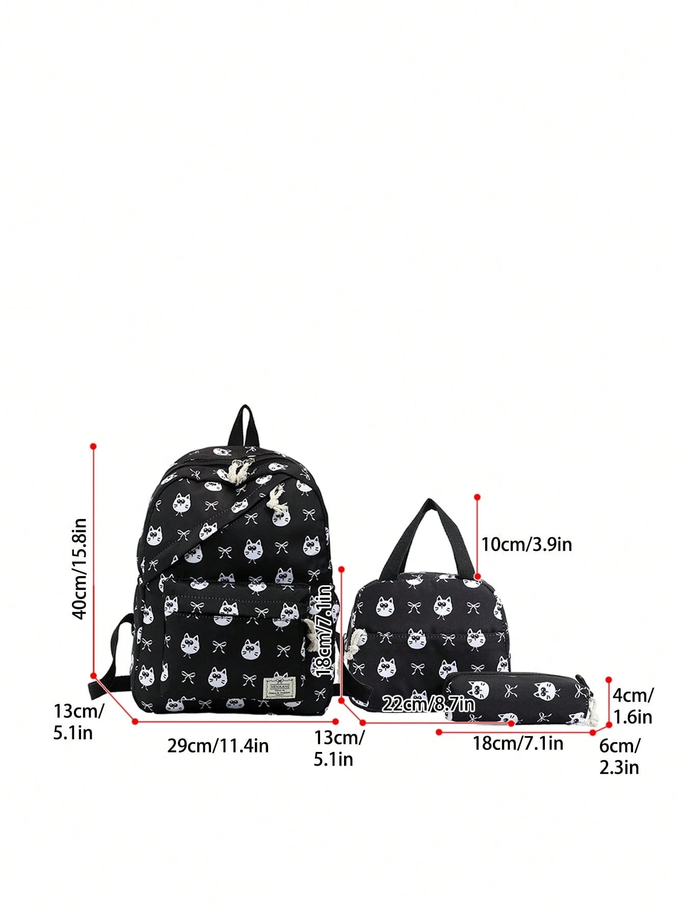 3-Piece Set- Back To School Cute Pet Bow Print Backpack Combination, Includes Backpack, Portable Lunch Bag And Stationery Storage Bag, Built-In Laptop Compartment, Equipped With Adjustable Shoulder S