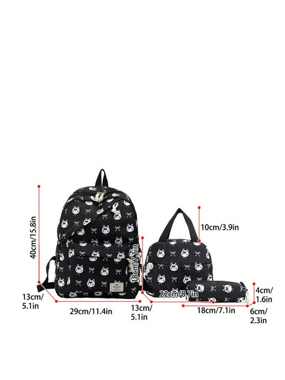 3-Piece Set- Back To School Cute Pet Bow Print Backpack Combination, Includes Backpack, Portable Lunch Bag And Stationery Storage Bag, Built-In Laptop Compartment, Equipped With Adjustable Shoulder S
