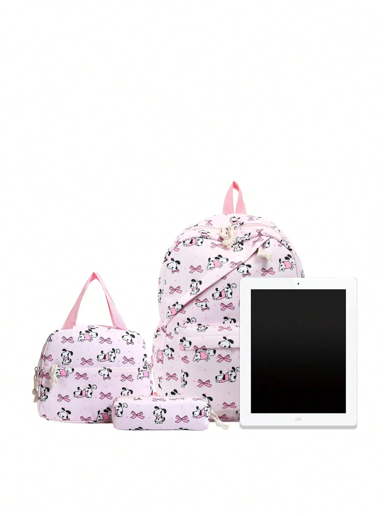 3-Piece Set- Back To School Cute Pet Bow Print Backpack Combination, Includes Backpack, Portable Lunch Bag And Stationery Storage Bag, Built-In Laptop Compartment, Equipped With Adjustable Shoulder S