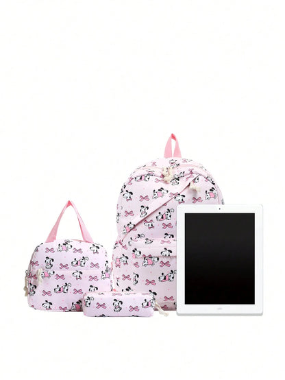 3-Piece Set- Back To School Cute Pet Bow Print Backpack Combination, Includes Backpack, Portable Lunch Bag And Stationery Storage Bag, Built-In Laptop Compartment, Equipped With Adjustable Shoulder S