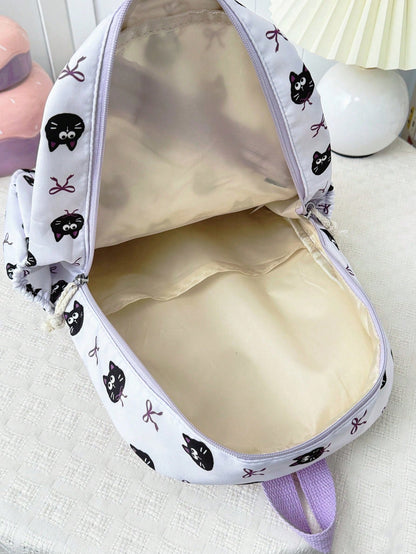 3-Piece Set- Back To School Cute Pet Bow Print Backpack Combination, Includes Backpack, Portable Lunch Bag And Stationery Storage Bag, Built-In Laptop Compartment, Equipped With Adjustable Shoulder S