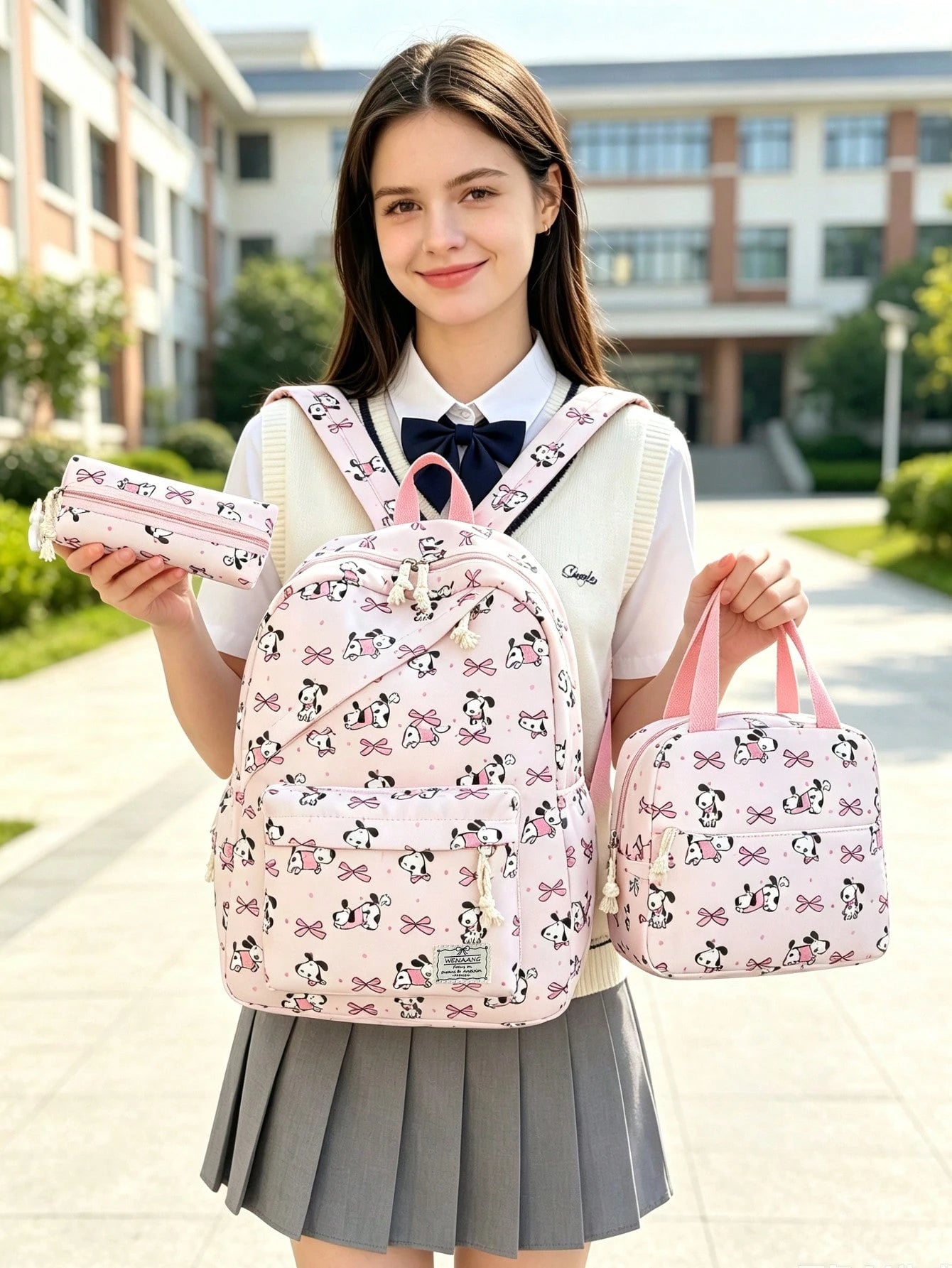 3-Piece Set- Back To School Cute Pet Bow Print Backpack Combination, Includes Backpack, Portable Lunch Bag And Stationery Storage Bag, Built-In Laptop Compartment, Equipped With Adjustable Shoulder S