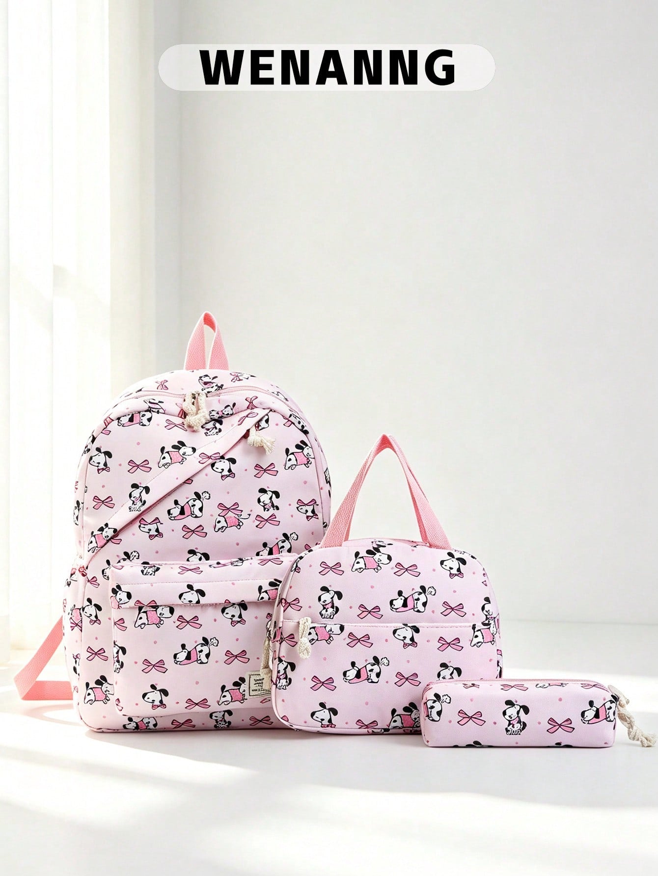 3-Piece Set- Back To School Cute Pet Bow Print Backpack Combination, Includes Backpack, Portable Lunch Bag And Stationery Storage Bag, Built-In Laptop Compartment, Equipped With Adjustable Shoulder S