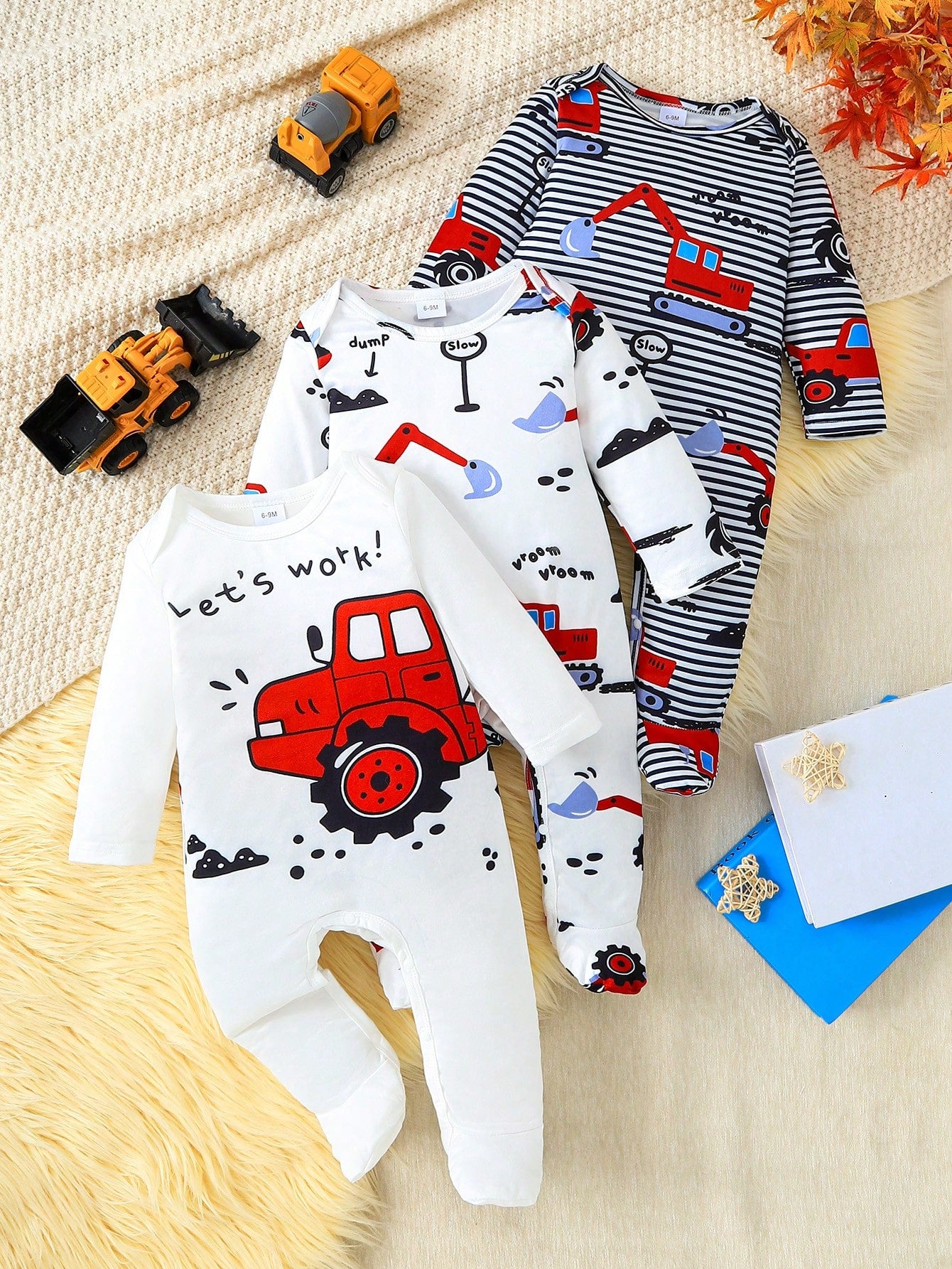 3-Piece Striped Car Print Baby Boy Romper Set, Perfect For Outdoor Wear
