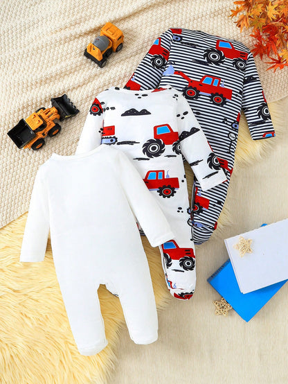 3-Piece Striped Car Print Baby Boy Romper Set, Perfect For Outdoor Wear