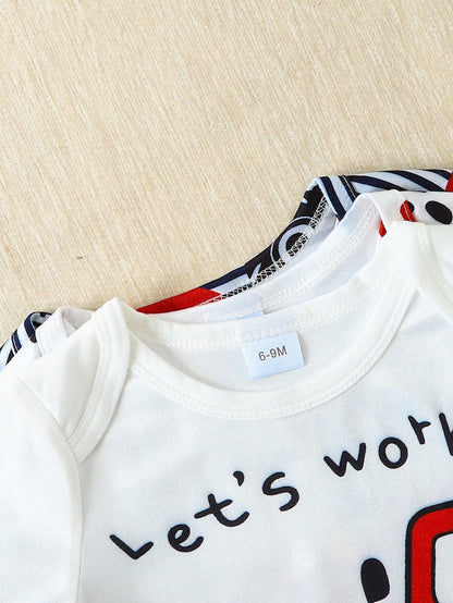 3-Piece Striped Car Print Baby Boy Romper Set, Perfect For Outdoor Wear
