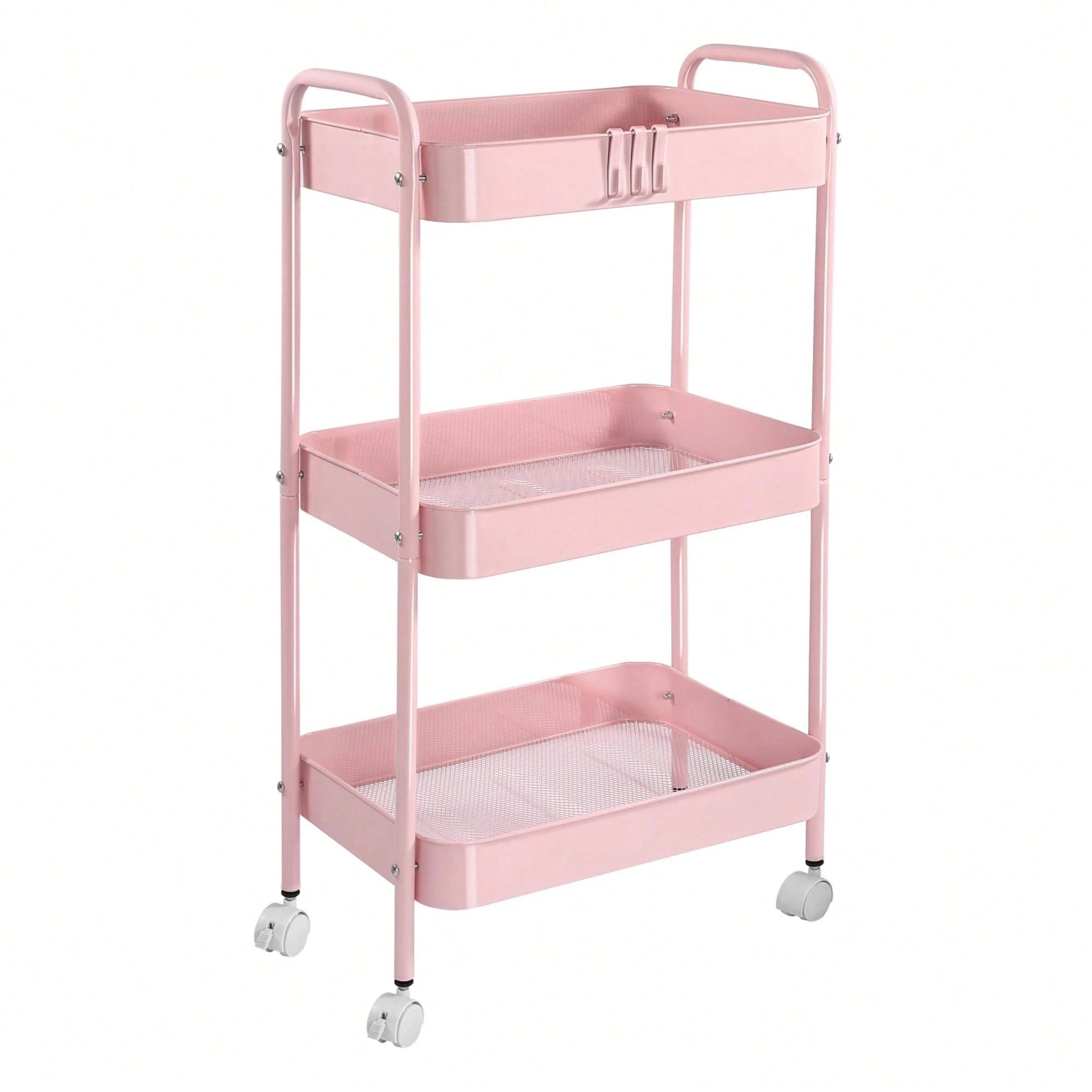 3-Tier Metal Rolling Cart With Wheels, Storage Utility Organizer Cart For Kitchen, Bathroom, Office, Baby Essentials & Makeup- Lockable Casters, Easy Assembly, Large Capacity