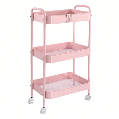 3-Tier Metal Rolling Cart With Wheels, Storage Utility Organizer Cart For Kitchen, Bathroom, Office, Baby Essentials & Makeup- Lockable Casters, Easy Assembly, Large Capacity