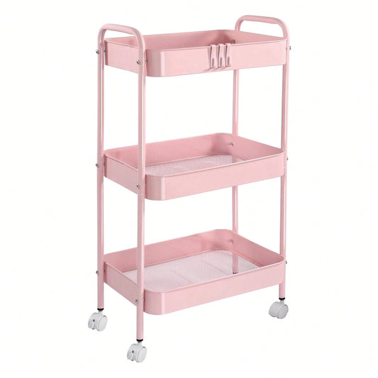 3-Tier Metal Rolling Cart With Wheels, Storage Utility Organizer Cart For Kitchen, Bathroom, Office, Baby Essentials & Makeup- Lockable Casters, Easy Assembly, Large Capacity
