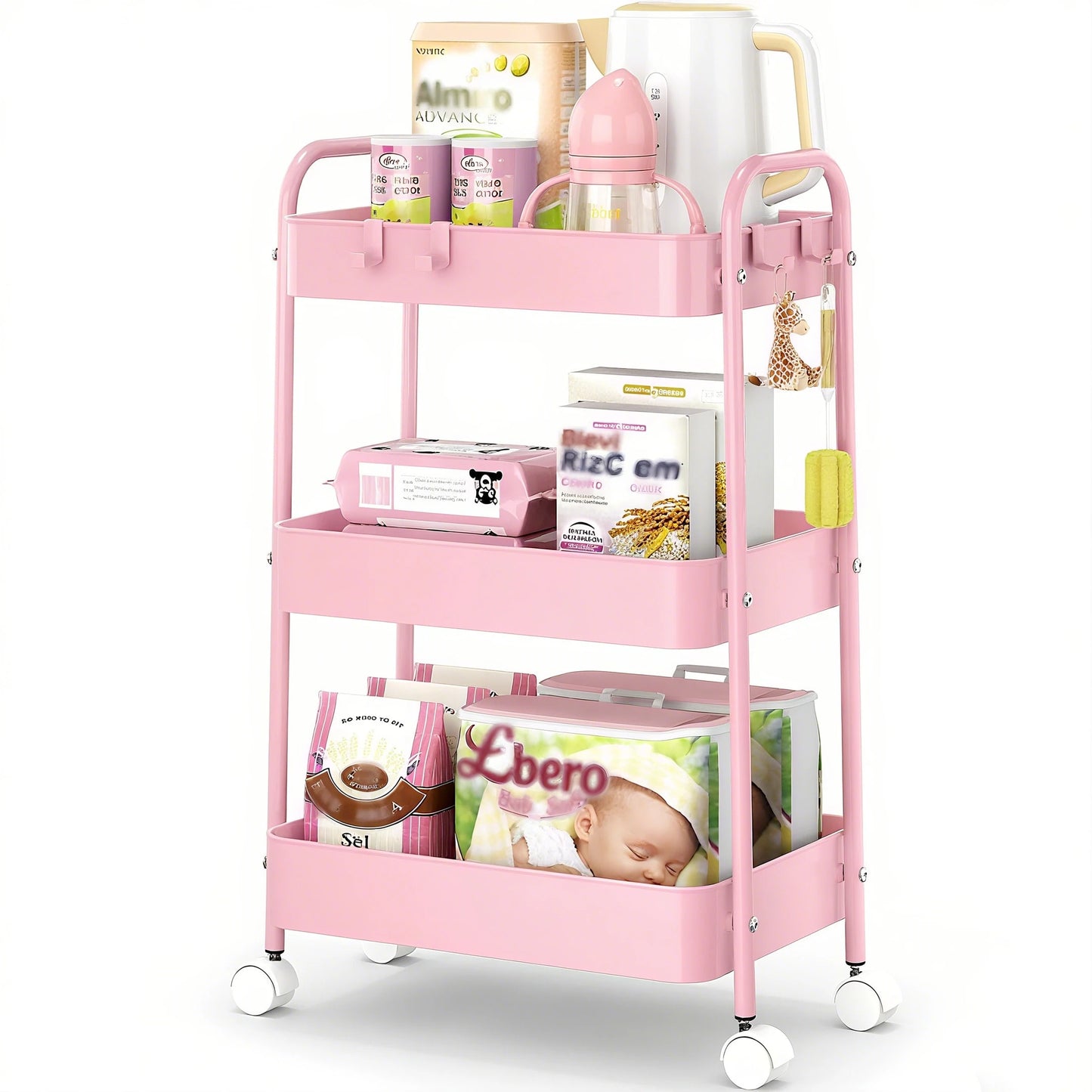 3-Tier Metal Rolling Cart With Wheels, Storage Utility Organizer Cart For Kitchen, Bathroom, Office, Baby Essentials & Makeup- Lockable Casters, Easy Assembly, Large Capacity