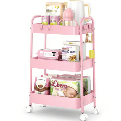 3-Tier Metal Rolling Cart With Wheels, Storage Utility Organizer Cart For Kitchen, Bathroom, Office, Baby Essentials & Makeup- Lockable Casters, Easy Assembly, Large Capacity