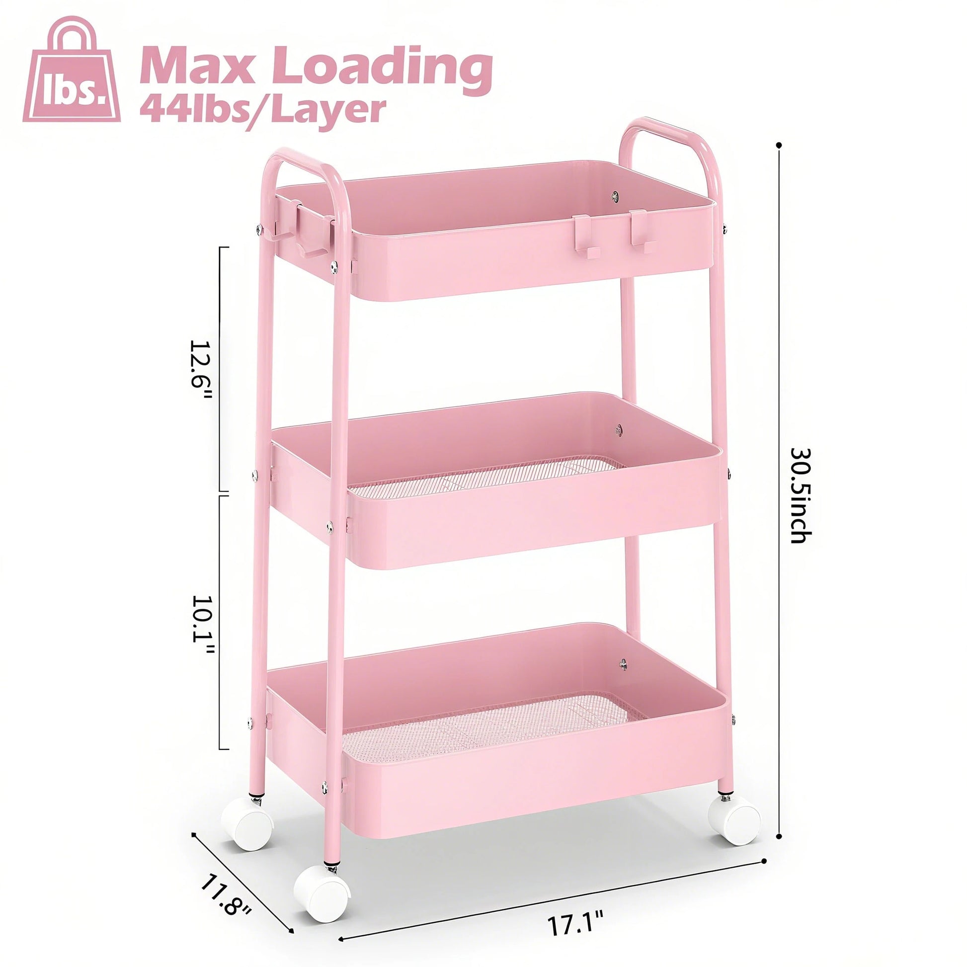 3-Tier Metal Rolling Cart With Wheels, Storage Utility Organizer Cart For Kitchen, Bathroom, Office, Baby Essentials & Makeup- Lockable Casters, Easy Assembly, Large Capacity