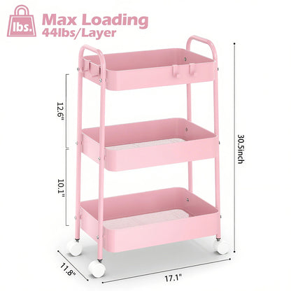 3-Tier Metal Rolling Cart With Wheels, Storage Utility Organizer Cart For Kitchen, Bathroom, Office, Baby Essentials & Makeup- Lockable Casters, Easy Assembly, Large Capacity