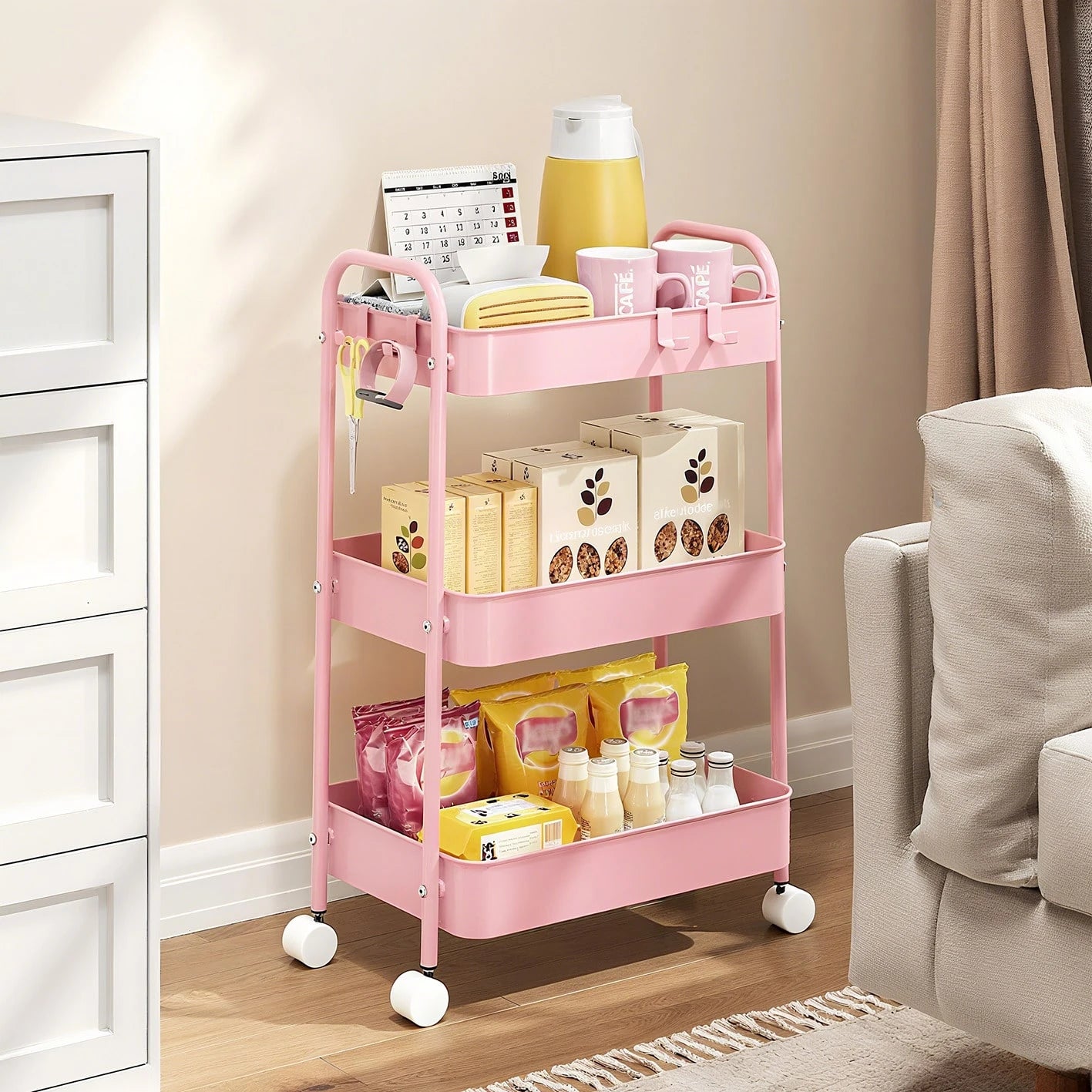 3-Tier Metal Rolling Cart With Wheels, Storage Utility Organizer Cart For Kitchen, Bathroom, Office, Baby Essentials & Makeup- Lockable Casters, Easy Assembly, Large Capacity