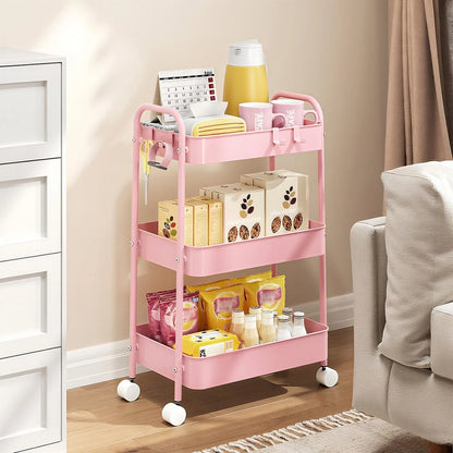 3-Tier Metal Rolling Cart With Wheels, Storage Utility Organizer Cart For Kitchen, Bathroom, Office, Baby Essentials & Makeup- Lockable Casters, Easy Assembly, Large Capacity