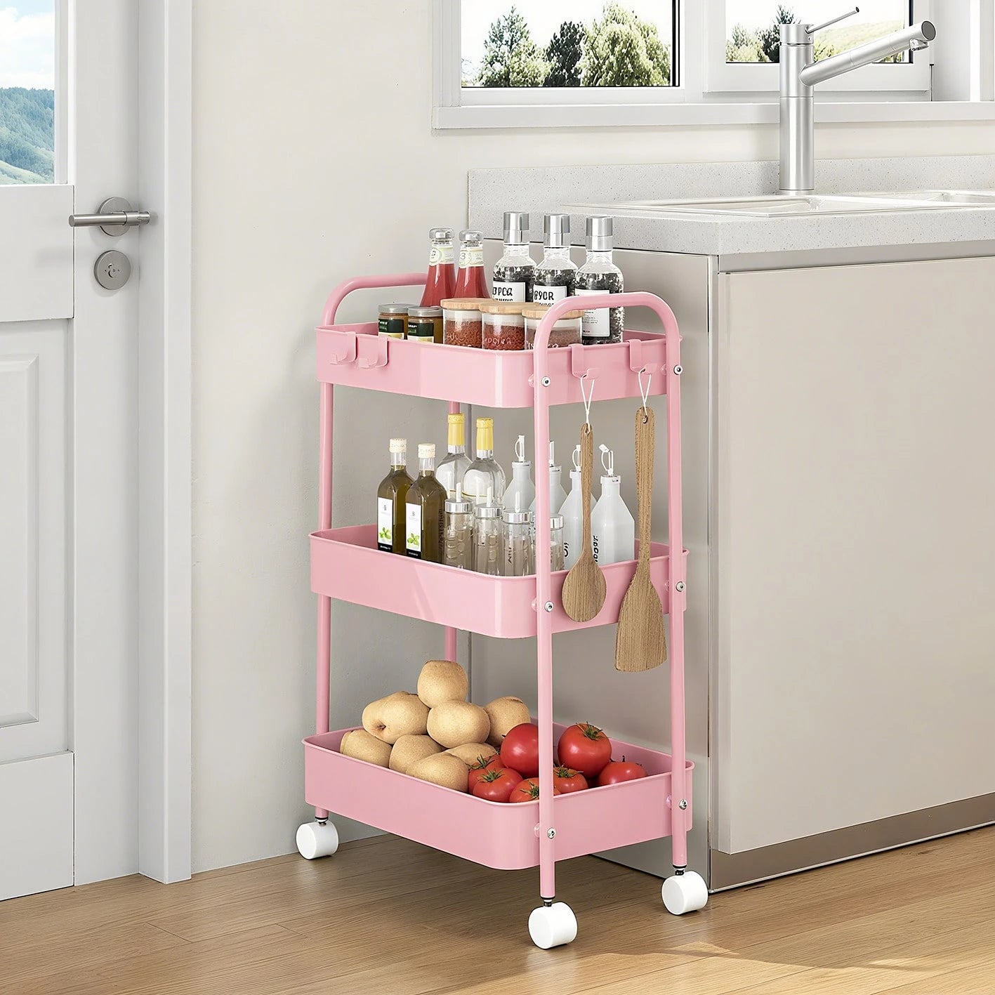 3-Tier Metal Rolling Cart With Wheels, Storage Utility Organizer Cart For Kitchen, Bathroom, Office, Baby Essentials & Makeup- Lockable Casters, Easy Assembly, Large Capacity