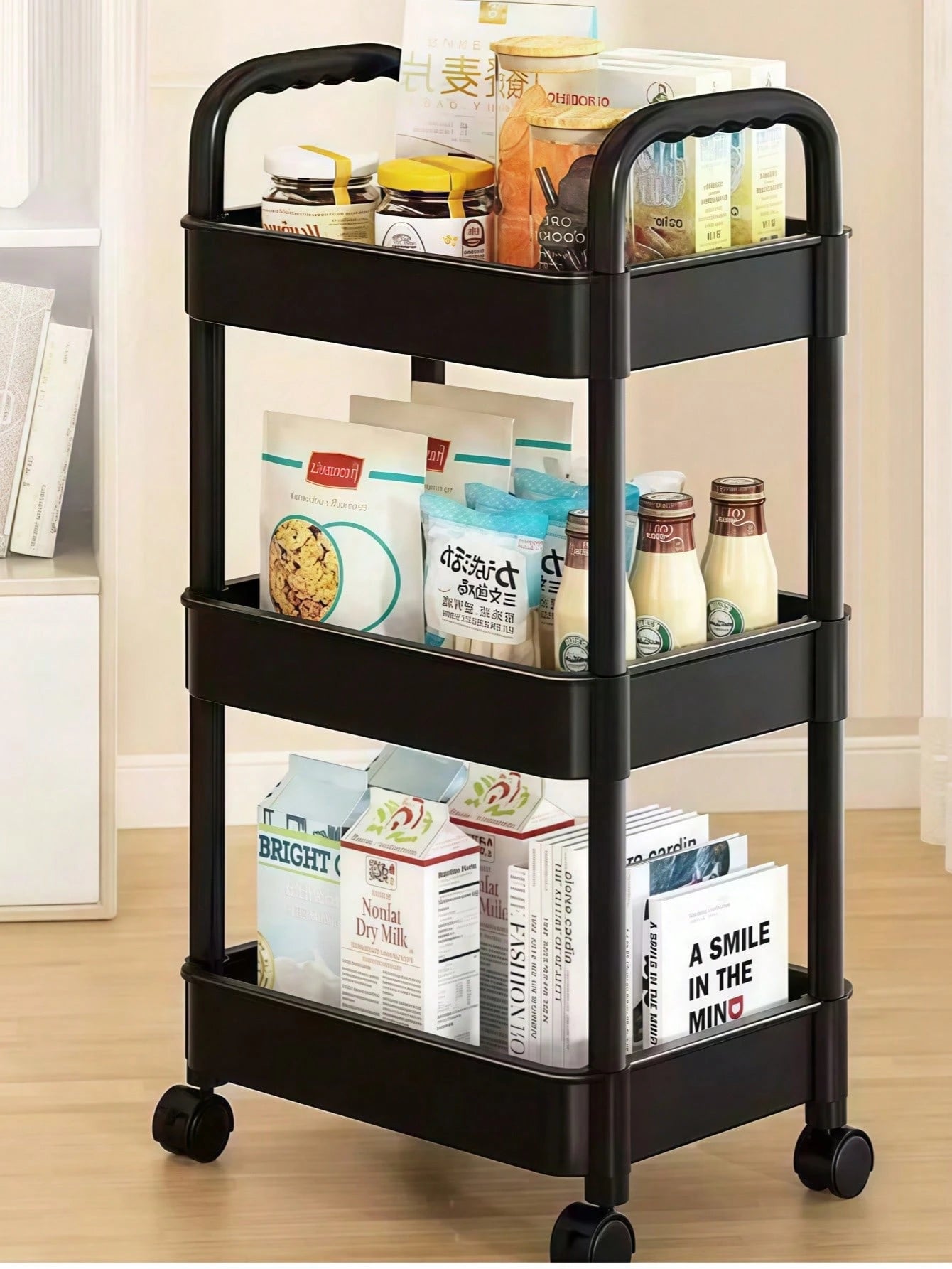 3-Tier Plastic Diaper Cart With Handle And Wheels, Suitable For Nursery, Kitchen, Bathroom, Living Room And Bedside, Easy Assembly, Movable Storage Rack, Multifunctional Storage Cart, Essential For Nu