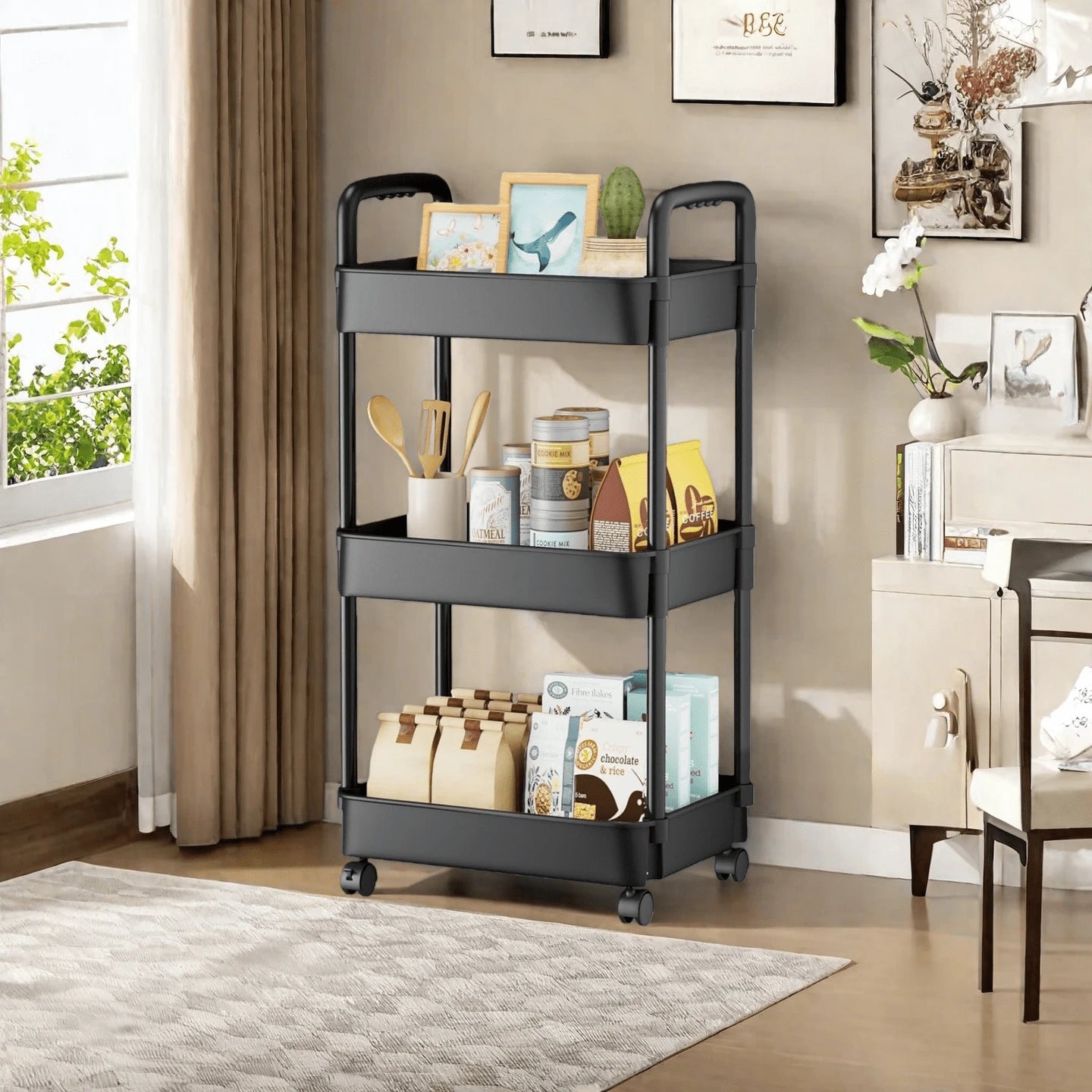 3-Tier Plastic Diaper Cart With Handle And Wheels, Suitable For Nursery, Kitchen, Bathroom, Living Room And Bedside, Easy Assembly, Movable Storage Rack, Multifunctional Storage Cart, Essential For Nu