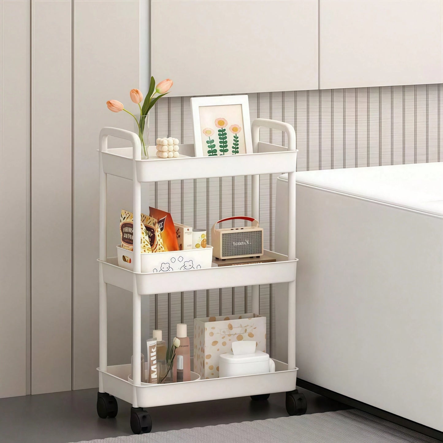 3-Tier Plastic Diaper Cart With Handle And Wheels, Suitable For Nursery, Kitchen, Bathroom, Living Room And Bedside, Easy Assembly, Movable Storage Rack, Multifunctional Storage Cart, Essential For Nu
