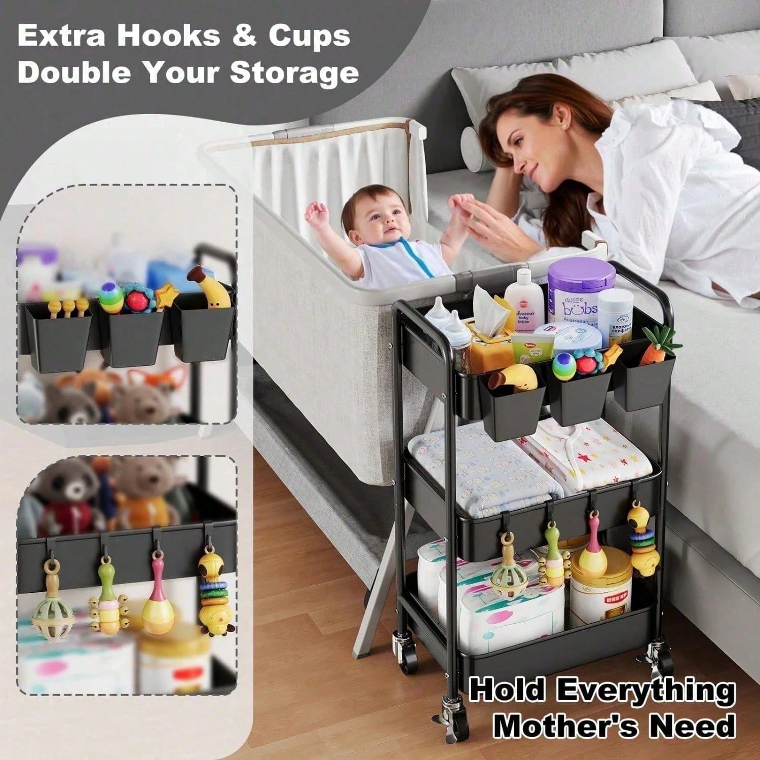 3 Tier Rolling Cart With Wheels, White Three Tiered Craft Cart Organizer On Wheels, Storage Utility Carts For Art, Baby Nursery,Diaper Caddy, Cleaning Supplies, Nail,Lash,Snack,Book,Roller Shelf