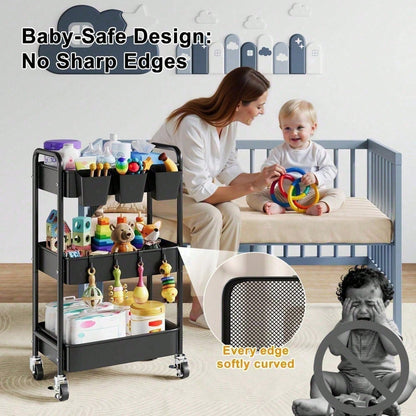 3 Tier Rolling Cart With Wheels, White Three Tiered Craft Cart Organizer On Wheels, Storage Utility Carts For Art, Baby Nursery,Diaper Caddy, Cleaning Supplies, Nail,Lash,Snack,Book,Roller Shelf