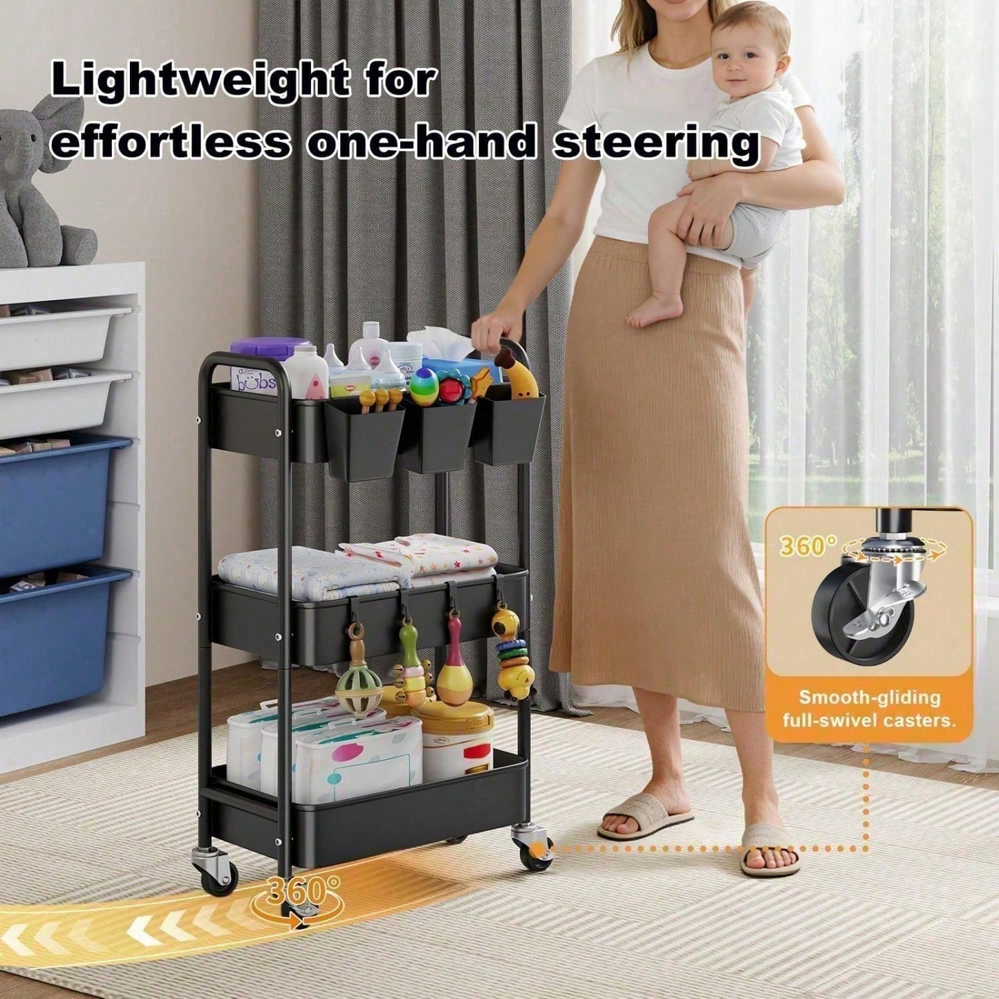 3 Tier Rolling Cart With Wheels, White Three Tiered Craft Cart Organizer On Wheels, Storage Utility Carts For Art, Baby Nursery,Diaper Caddy, Cleaning Supplies, Nail,Lash,Snack,Book,Roller Shelf
