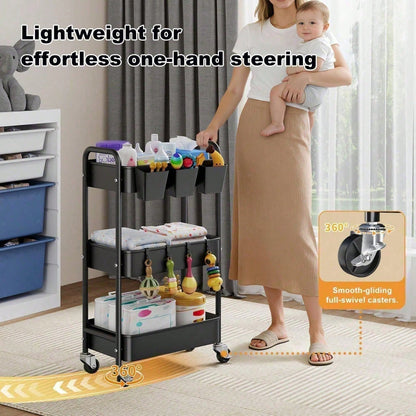 3 Tier Rolling Cart With Wheels, White Three Tiered Craft Cart Organizer On Wheels, Storage Utility Carts For Art, Baby Nursery,Diaper Caddy, Cleaning Supplies, Nail,Lash,Snack,Book,Roller Shelf