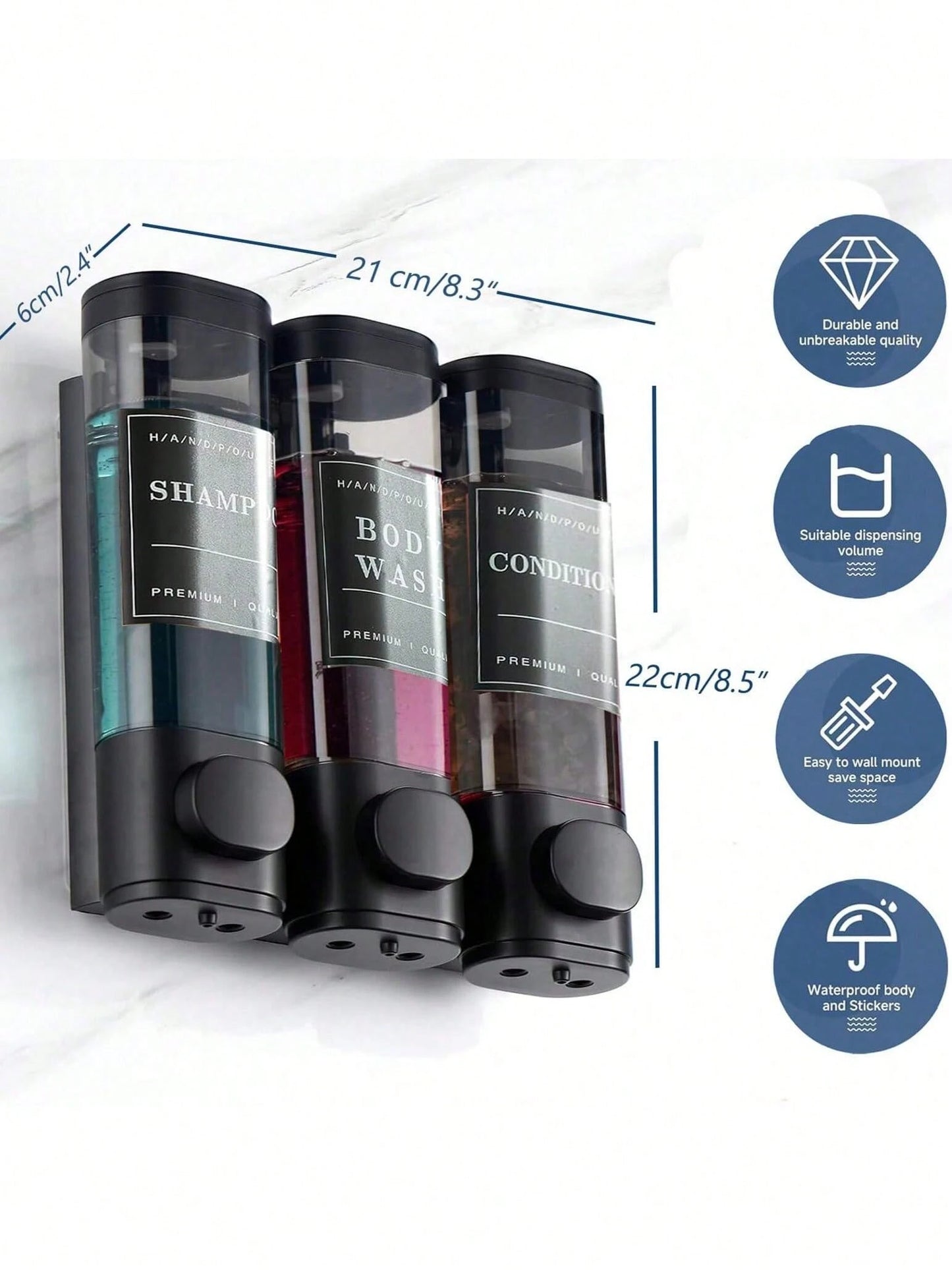 300ml 3-Compartment Wall Mounted Soap Dispenser, No-Drill Shampoo Conditioner Body Wash Pump Organizer, Refillable One-Hand Shower Dispenser For Bathroom, Kitchen, Home, Hotel, Gym, Family Hygiene & D