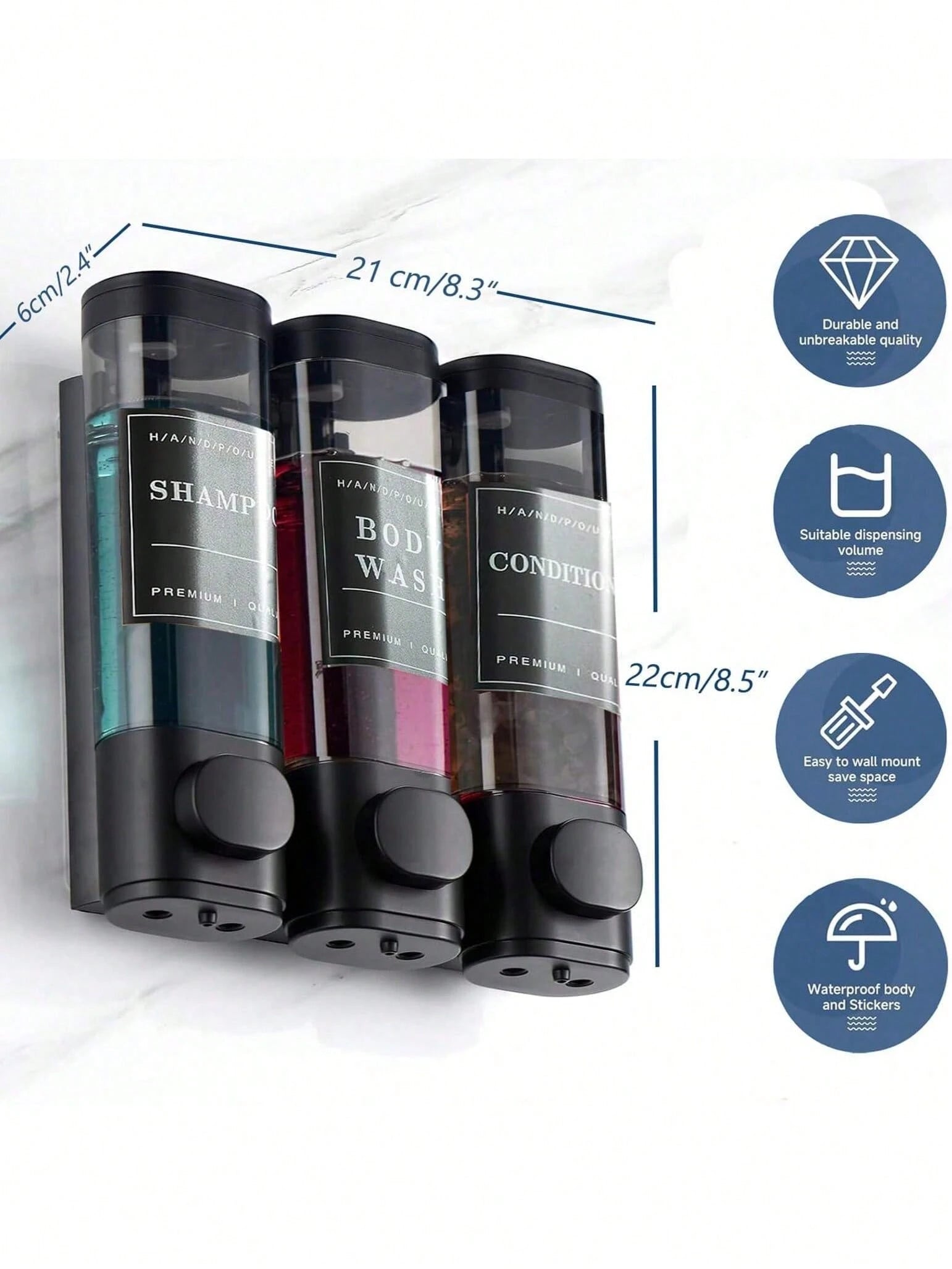 300ml 3-Compartment Wall Mounted Soap Dispenser, No-Drill Shampoo Conditioner Body Wash Pump Organizer, Refillable One-Hand Shower Dispenser For Bathroom, Kitchen, Home, Hotel, Gym, Family Hygiene & D