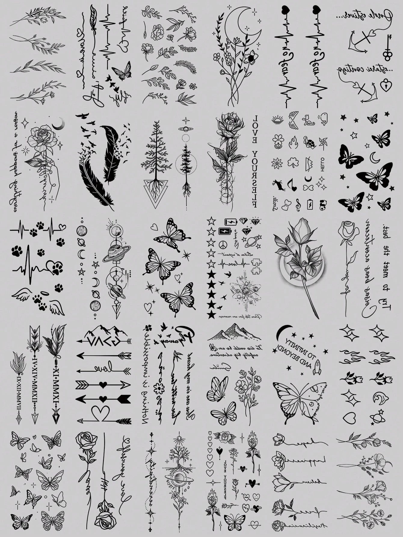 30pcs Cute Black Artistic Pattern Temporary Tattoos, Moon, Butterfly, Flower, Feather, Letter Designs, Suitable For Arms, Face, Fingers, Neck And Other Body Parts