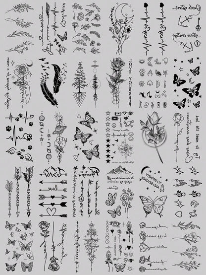 30pcs Cute Black Artistic Pattern Temporary Tattoos, Moon, Butterfly, Flower, Feather, Letter Designs, Suitable For Arms, Face, Fingers, Neck And Other Body Parts