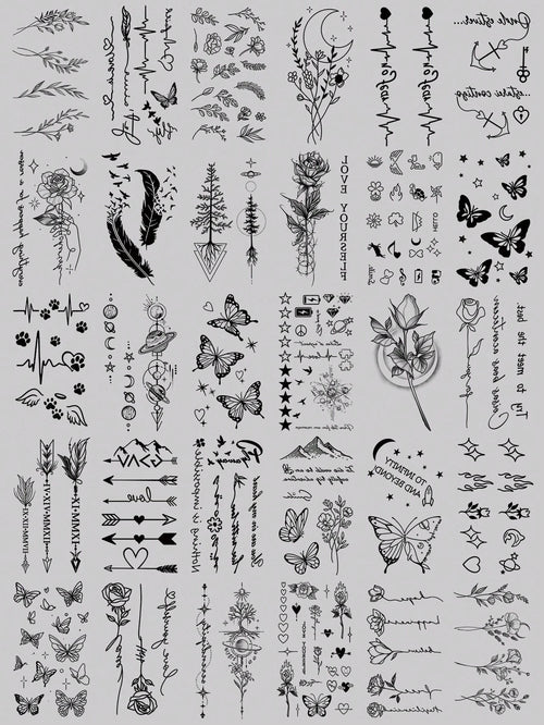 30pcs Cute Black Artistic Pattern Temporary Tattoos, Moon, Butterfly, Flower, Feather, Letter Designs, Suitable For Arms, Face, Fingers, Neck And Other Body Parts