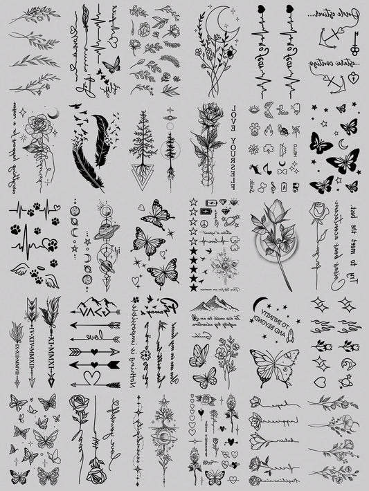 30pcs Cute Black Artistic Pattern Temporary Tattoos, Moon, Butterfly, Flower, Feather, Letter Designs, Suitable For Arms, Face, Fingers, Neck And Other Body Parts