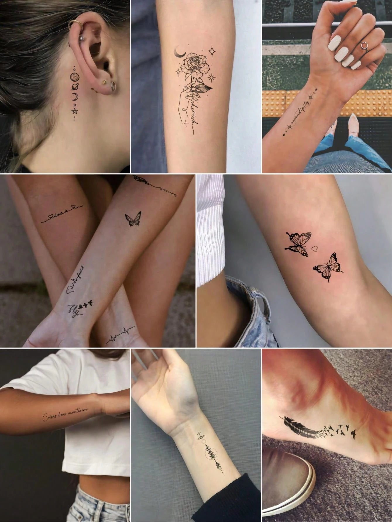 30pcs Cute Black Artistic Pattern Temporary Tattoos, Moon, Butterfly, Flower, Feather, Letter Designs, Suitable For Arms, Face, Fingers, Neck And Other Body Parts