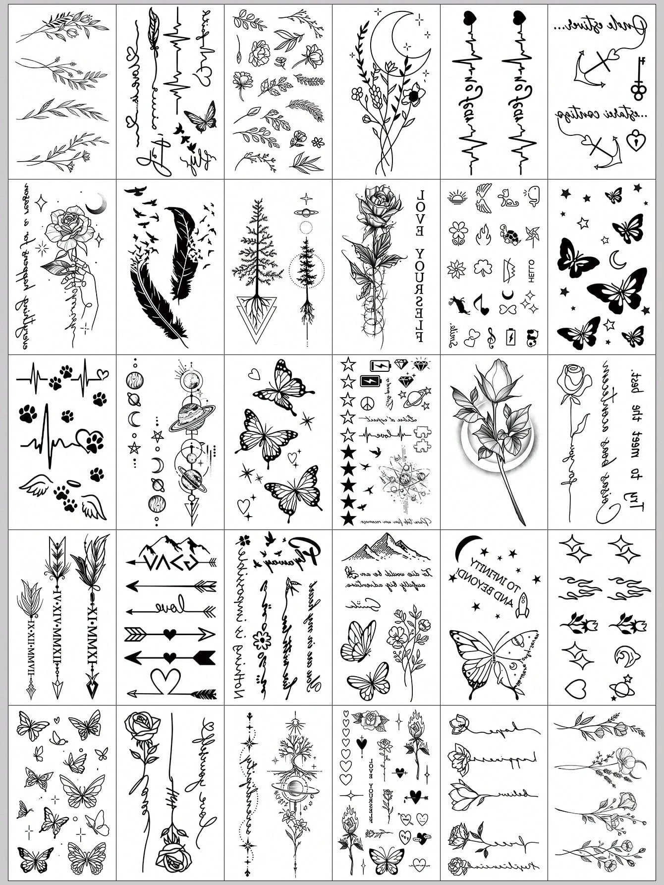 30pcs Cute Black Artistic Pattern Temporary Tattoos, Moon, Butterfly, Flower, Feather, Letter Designs, Suitable For Arms, Face, Fingers, Neck And Other Body Parts