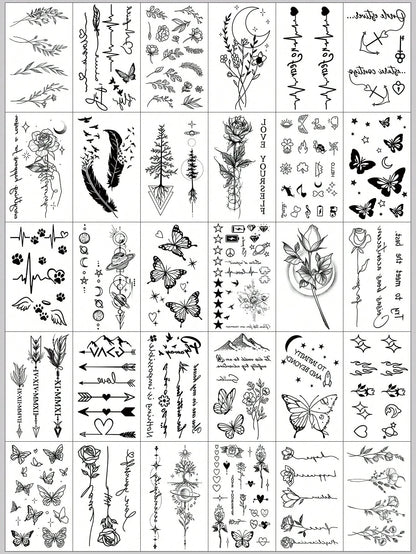 30pcs Cute Black Artistic Pattern Temporary Tattoos, Moon, Butterfly, Flower, Feather, Letter Designs, Suitable For Arms, Face, Fingers, Neck And Other Body Parts