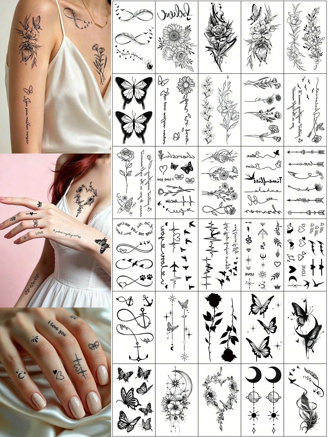 30pcs Cute Black Artistic Pattern Temporary Tattoos, Moon, Butterfly, Flower, Feather, Letter Designs, Suitable For Arms, Face, Fingers, Neck And Other Body Parts
