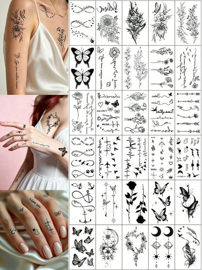 30pcs Cute Black Artistic Pattern Temporary Tattoos, Moon, Butterfly, Flower, Feather, Letter Designs, Suitable For Arms, Face, Fingers, Neck And Other Body Parts