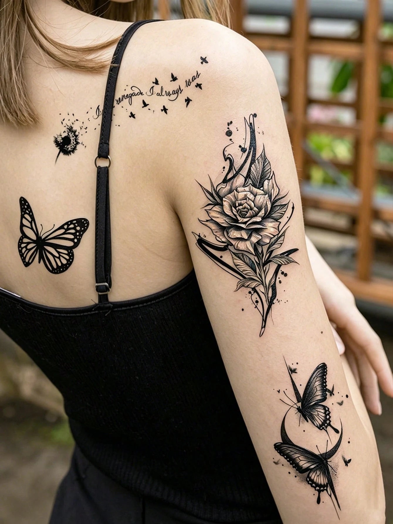 30pcs Cute Black Artistic Pattern Temporary Tattoos, Moon, Butterfly, Flower, Feather, Letter Designs, Suitable For Arms, Face, Fingers, Neck And Other Body Parts