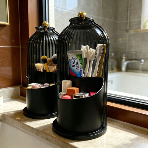 360° Rotating Dustproof Makeup Brush Holder With Lid,Spinning Countertop Cosmetic & Skincare Storage Organizer,Sleek Aesthetic Vanity Caddy For Small Space,Multi-Purpose Beauty Tools Storage Box For D