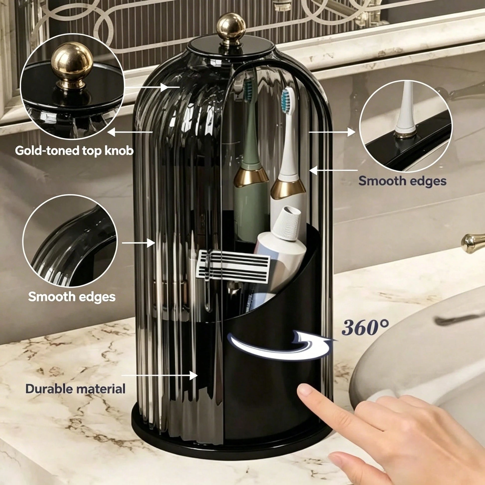 360° Rotating Dustproof Makeup Brush Holder With Lid,Spinning Countertop Cosmetic & Skincare Storage Organizer,Sleek Aesthetic Vanity Caddy For Small Space,Multi-Purpose Beauty Tools Storage Box For D