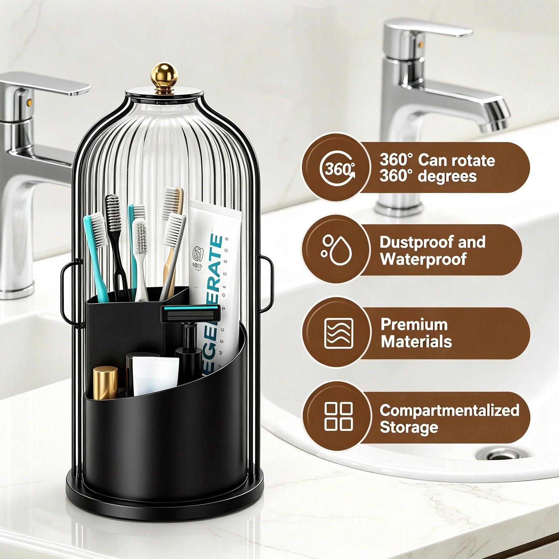 360° Rotating Dustproof Makeup Brush Holder With Lid,Spinning Countertop Cosmetic & Skincare Storage Organizer,Sleek Aesthetic Vanity Caddy For Small Space,Multi-Purpose Beauty Tools Storage Box For D