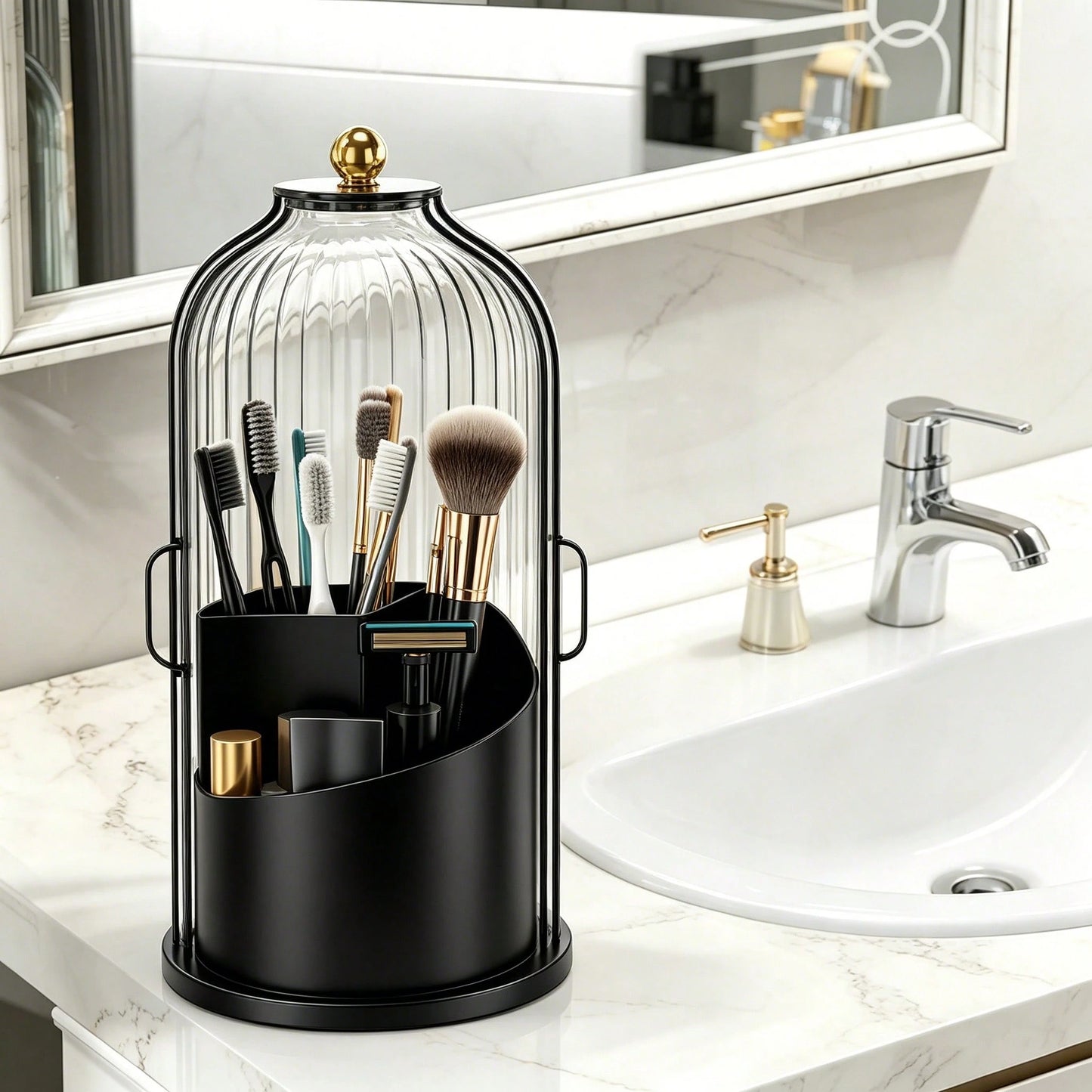 360° Rotating Dustproof Makeup Brush Holder With Lid,Spinning Countertop Cosmetic & Skincare Storage Organizer,Sleek Aesthetic Vanity Caddy For Small Space,Multi-Purpose Beauty Tools Storage Box For D