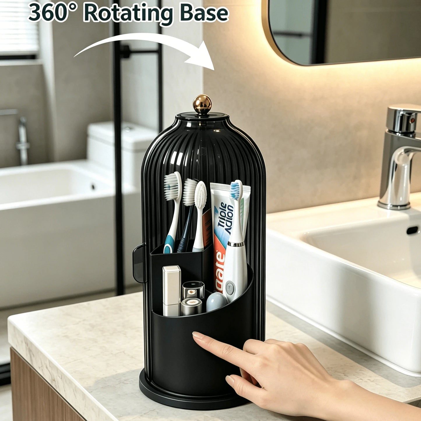 360° Rotating Dustproof Makeup Brush Holder With Lid,Spinning Countertop Cosmetic & Skincare Storage Organizer,Sleek Aesthetic Vanity Caddy For Small Space,Multi-Purpose Beauty Tools Storage Box For D