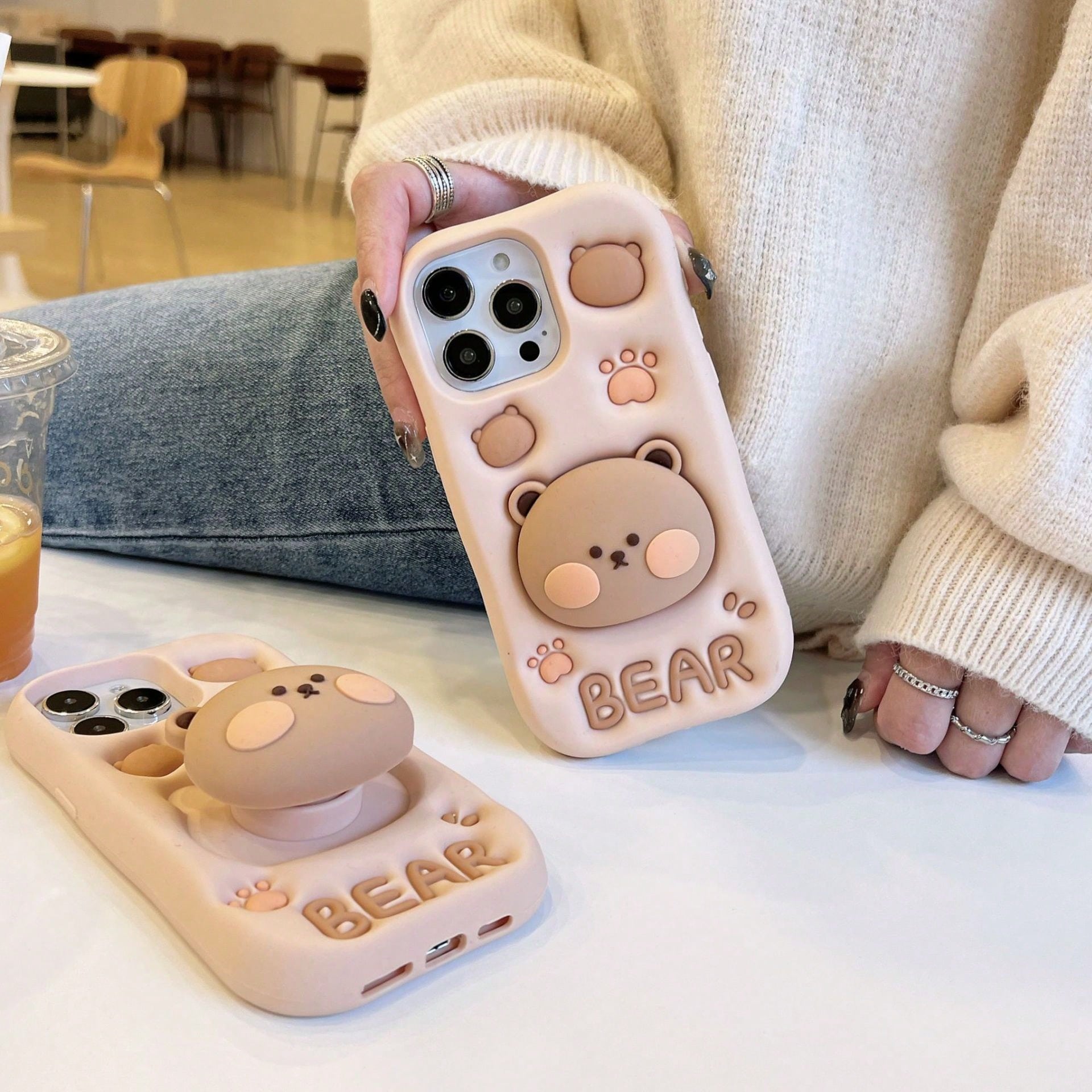 3D Bear Expandable Stand Phone Case Compatible With IPhone13, IPhone14ProMax/IPhone14Pro/IPhone14, IPhone17ProMax, Novelty Silicone Cartoon Phone Case For IPhone11/12/15ProMax/15Pro/15, IPhone16ProMax