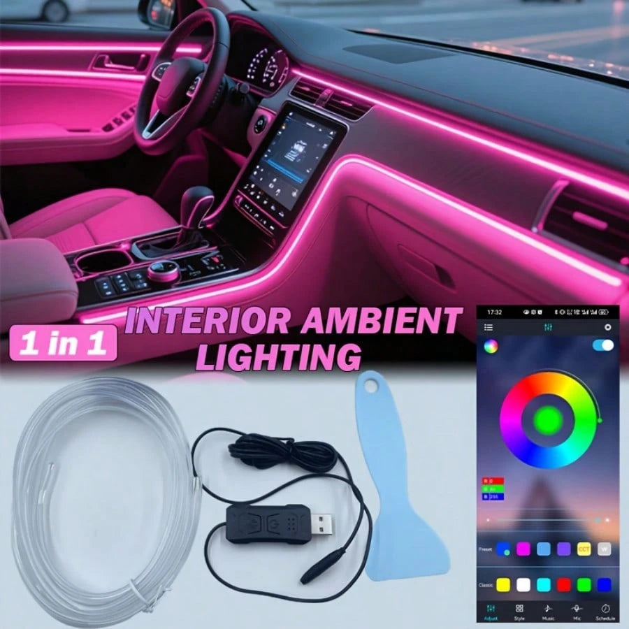 3m/118inch USB Interior Car Neon Light (Center Console + Dashboard) With Matching Armrest Storage Box, RGB LED Light Strip For Ambient Application Control, No Battery