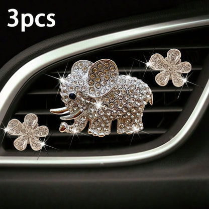 3PCS/6PCS Rhinestone Elephant Six-Petal Flower Car Air Vent Fragrance Clip, Car Interior Decoration Set, Sparkling Scented Accessory