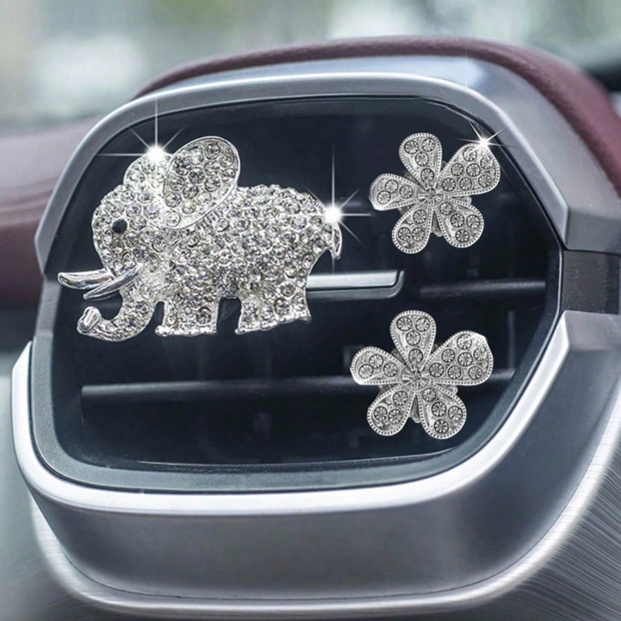 3PCS/6PCS Rhinestone Elephant Six-Petal Flower Car Air Vent Fragrance Clip, Car Interior Decoration Set, Sparkling Scented Accessory