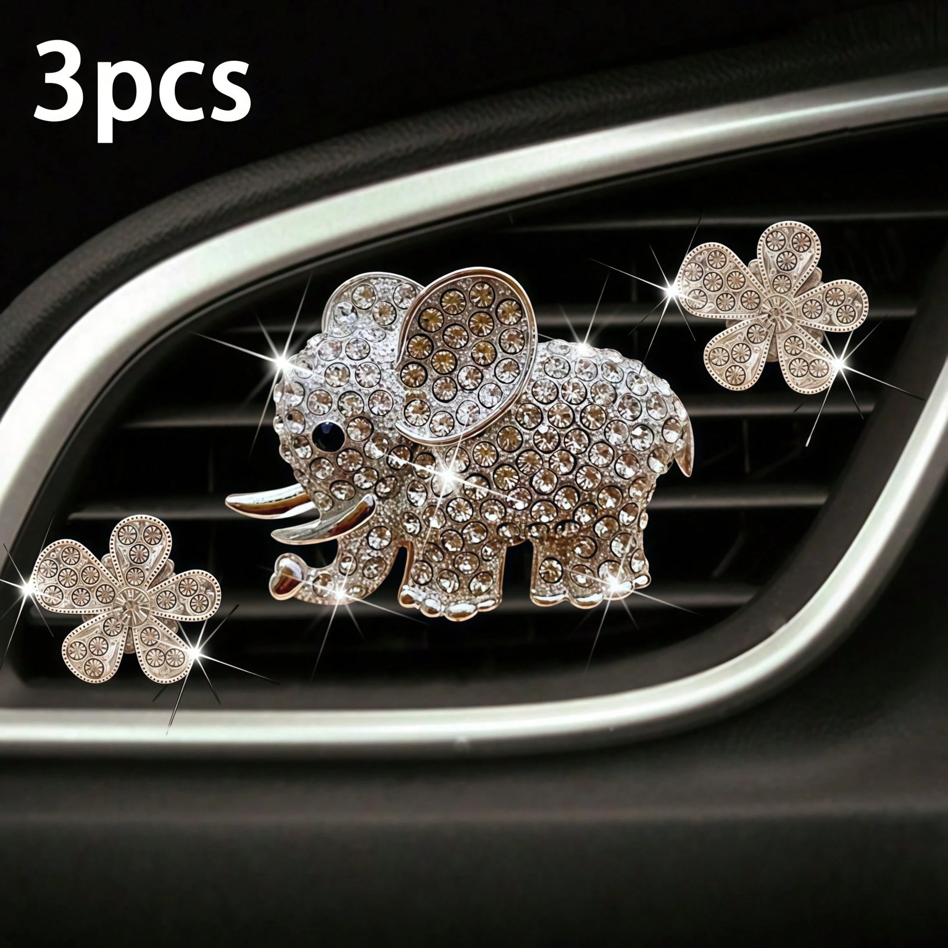 3PCS/6PCS Rhinestone Elephant Six-Petal Flower Car Air Vent Fragrance Clip, Car Interior Decoration Set, Sparkling Scented Accessory